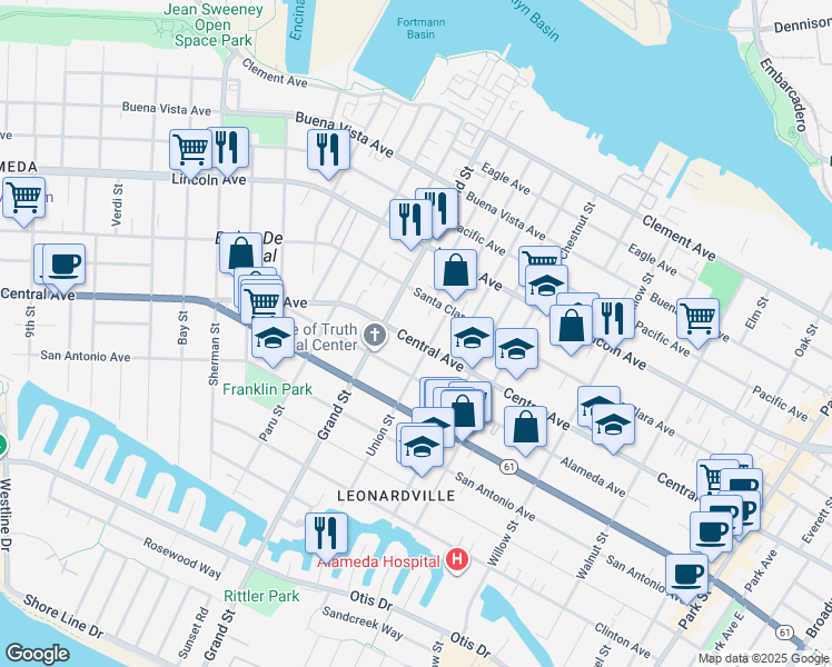 map of restaurants, bars, coffee shops, grocery stores, and more near 1728 Central Avenue in Alameda
