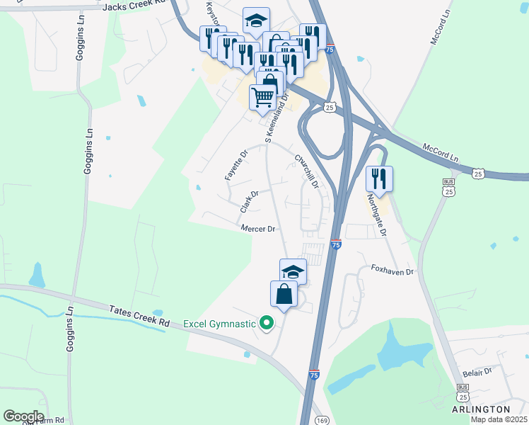 map of restaurants, bars, coffee shops, grocery stores, and more near 2105 Woodford Drive in Richmond