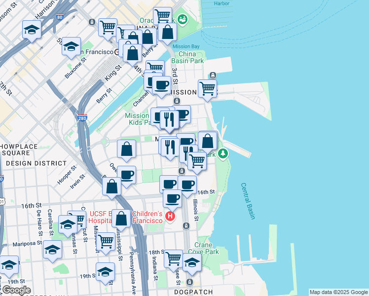 map of restaurants, bars, coffee shops, grocery stores, and more near 1455 3rd Street in San Francisco