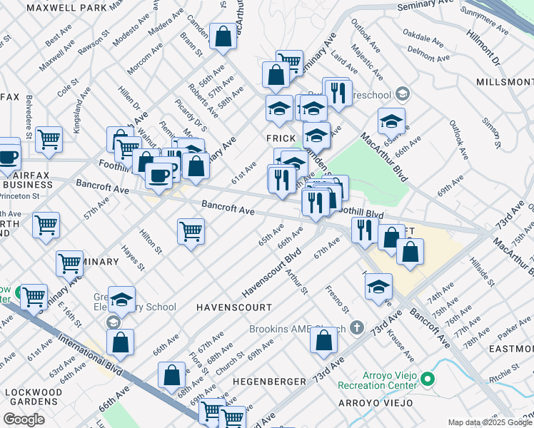 map of restaurants, bars, coffee shops, grocery stores, and more near Bancroft Ave & 64th Ave in Oakland