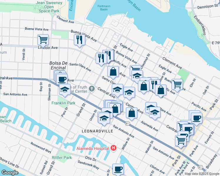 map of restaurants, bars, coffee shops, grocery stores, and more near 1420 Union Street in Alameda