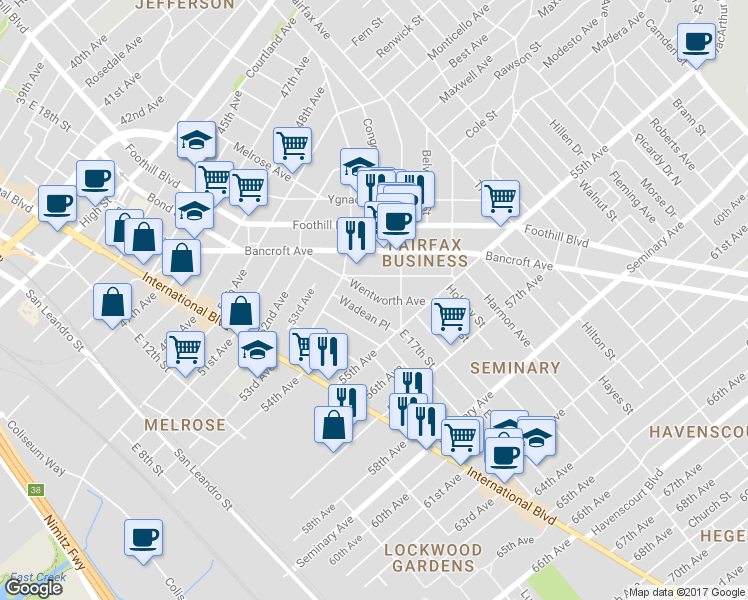 map of restaurants, bars, coffee shops, grocery stores, and more near 5365 Wentworth Avenue in Oakland