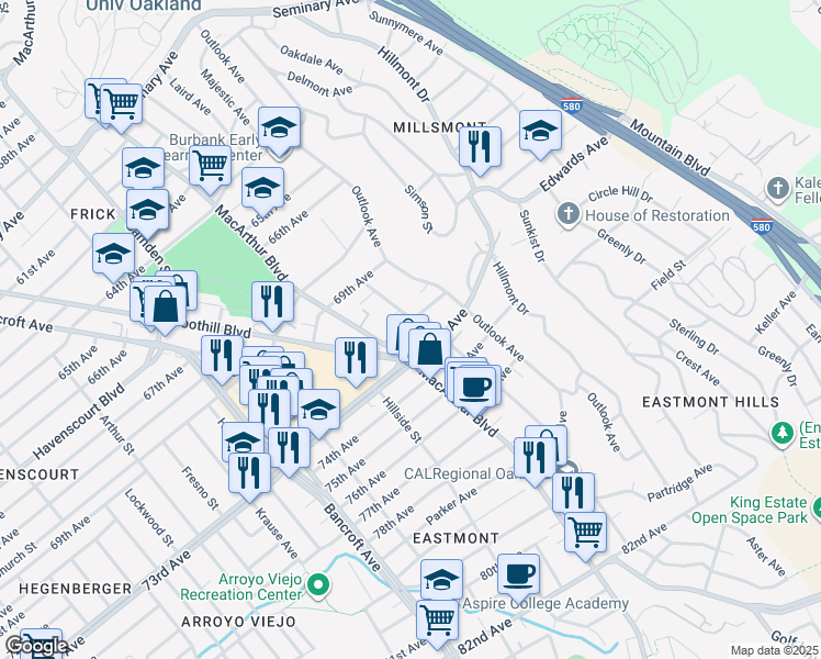 map of restaurants, bars, coffee shops, grocery stores, and more near 3340 72nd Avenue in Oakland