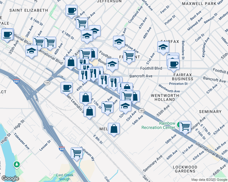 map of restaurants, bars, coffee shops, grocery stores, and more near 4800 International Boulevard in Oakland