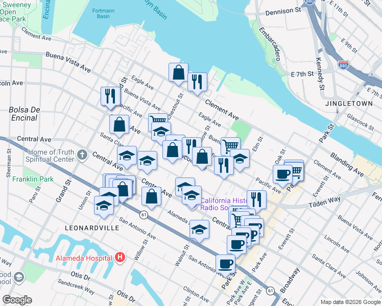 map of restaurants, bars, coffee shops, grocery stores, and more near 1611 Willow Street in Alameda