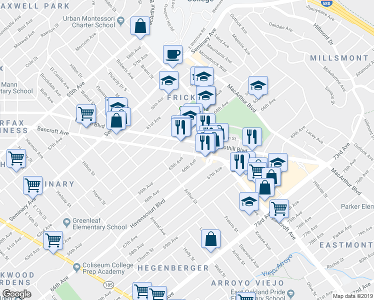 map of restaurants, bars, coffee shops, grocery stores, and more near 6516 Bancroft Avenue in Oakland