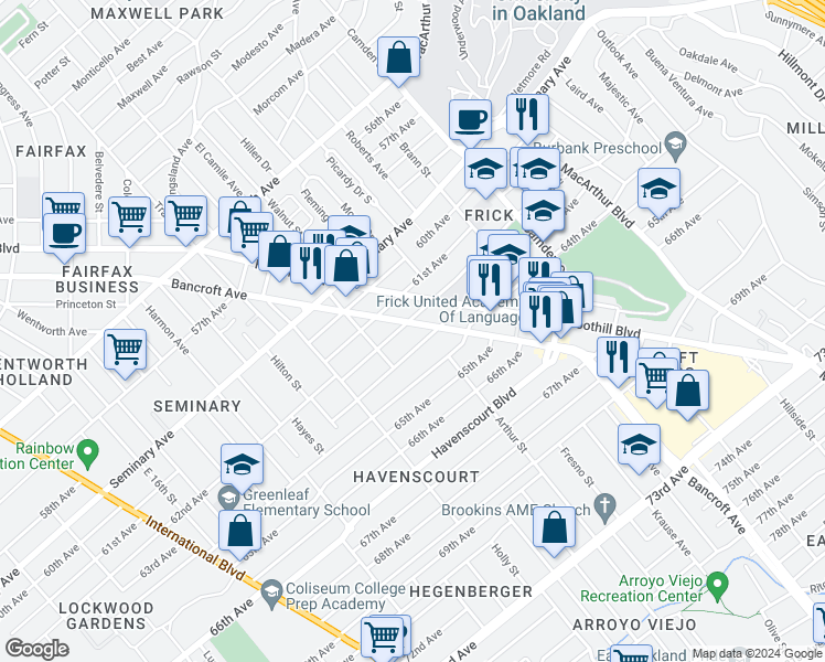 map of restaurants, bars, coffee shops, grocery stores, and more near in Oakland
