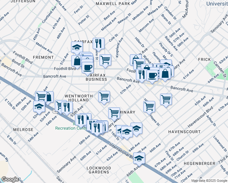map of restaurants, bars, coffee shops, grocery stores, and more near 5612 Holway Street in Oakland