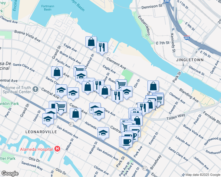 map of restaurants, bars, coffee shops, grocery stores, and more near 2118 Pacific Avenue in Alameda