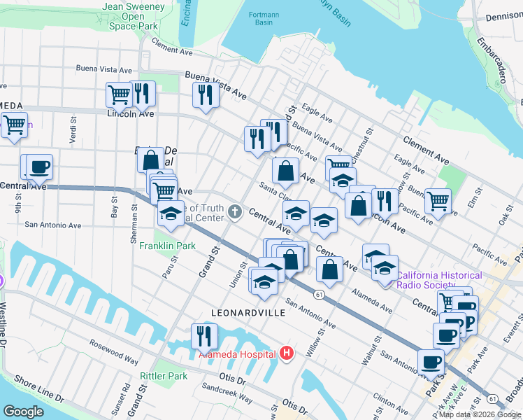 map of restaurants, bars, coffee shops, grocery stores, and more near 1728 Central Avenue in Alameda
