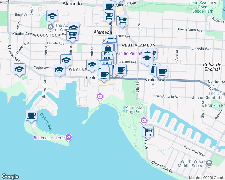 map of restaurants, bars, coffee shops, grocery stores, and more near 1331 Webster Street in Alameda
