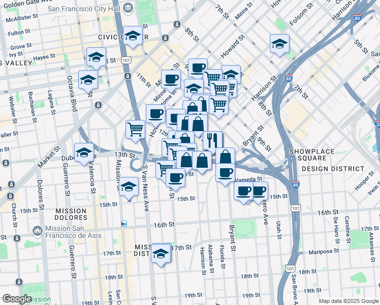 map of restaurants, bars, coffee shops, grocery stores, and more near 396 12th Street in San Francisco