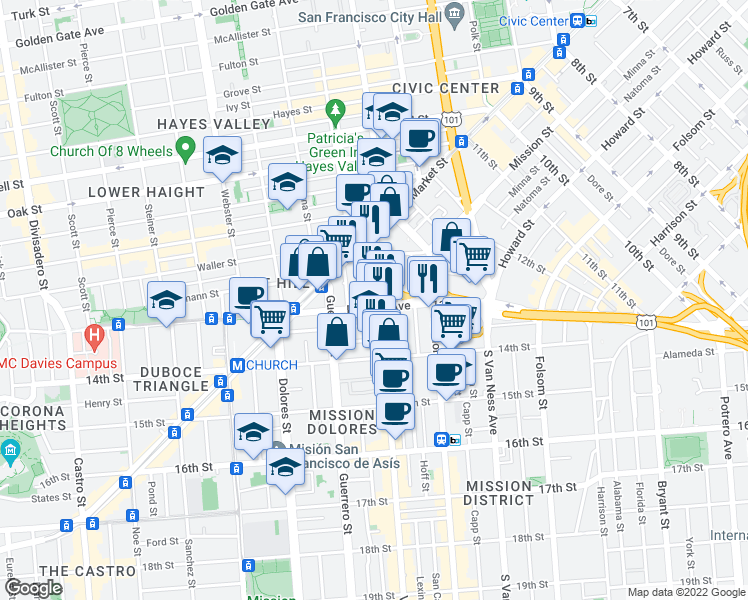 map of restaurants, bars, coffee shops, grocery stores, and more near in San Francisco