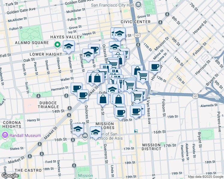 map of restaurants, bars, coffee shops, grocery stores, and more near in San Francisco