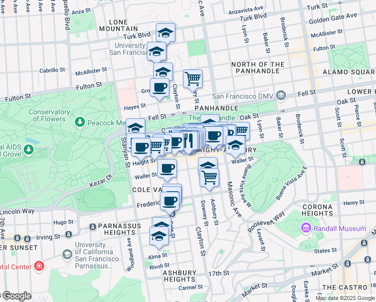map of restaurants, bars, coffee shops, grocery stores, and more near 1556 Haight Street in San Francisco