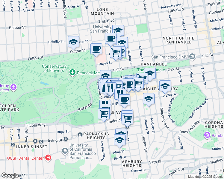 map of restaurants, bars, coffee shops, grocery stores, and more near 1921 Page Street in San Francisco