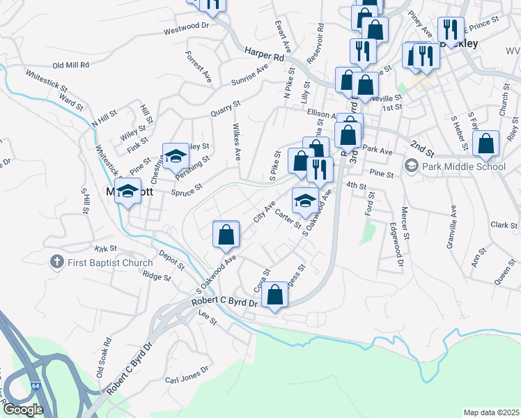 map of restaurants, bars, coffee shops, grocery stores, and more near 101 James Street in Beckley