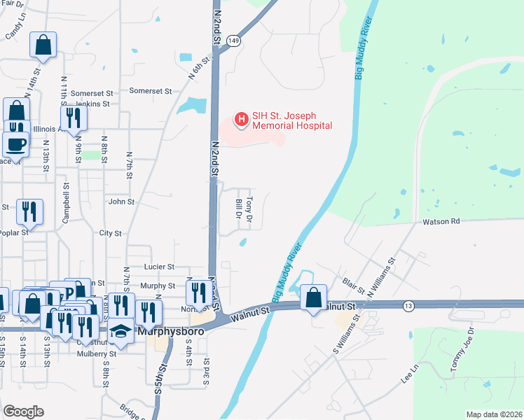 map of restaurants, bars, coffee shops, grocery stores, and more near Stephen Drive in Murphysboro