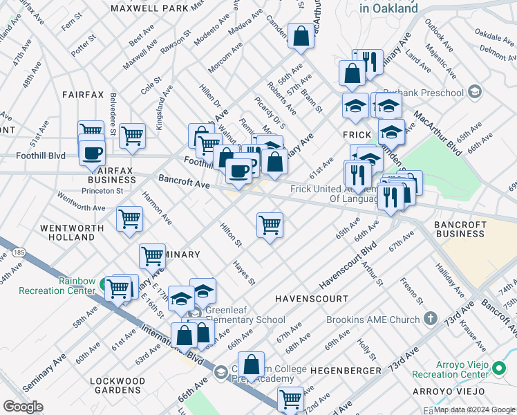 map of restaurants, bars, coffee shops, grocery stores, and more near 2500 60th Avenue in Oakland