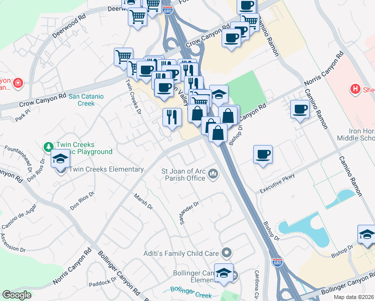 map of restaurants, bars, coffee shops, grocery stores, and more near 514 Cartagena Lane in San Ramon