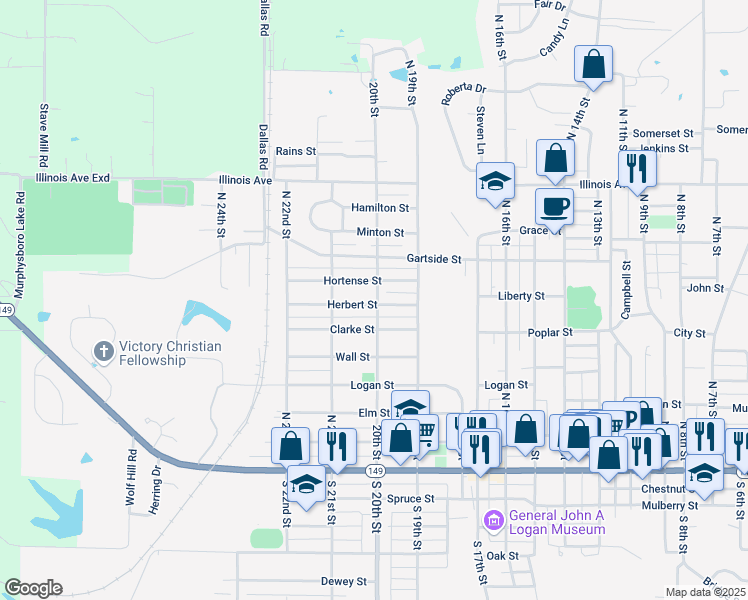 map of restaurants, bars, coffee shops, grocery stores, and more near 2004 Herbert Street in Murphysboro