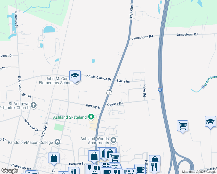 map of restaurants, bars, coffee shops, grocery stores, and more near 622 North Washington Highway in Ashland