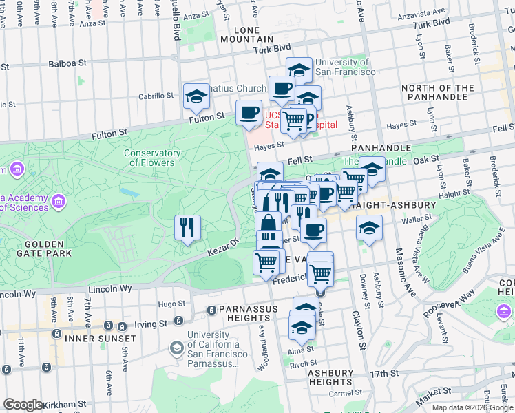 map of restaurants, bars, coffee shops, grocery stores, and more near Stanyan Street & Page Street in San Francisco