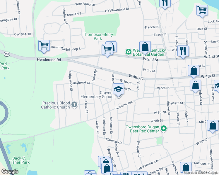map of restaurants, bars, coffee shops, grocery stores, and more near 2912-2918 Baybrook Street in Owensboro