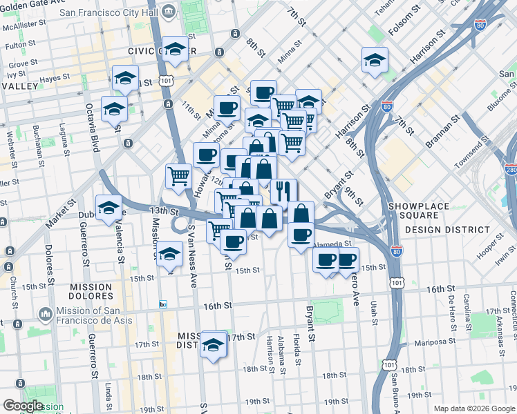 map of restaurants, bars, coffee shops, grocery stores, and more near 1 Bernice Street in San Francisco