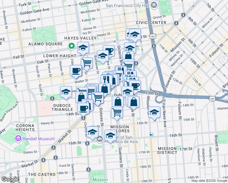 map of restaurants, bars, coffee shops, grocery stores, and more near in San Francisco