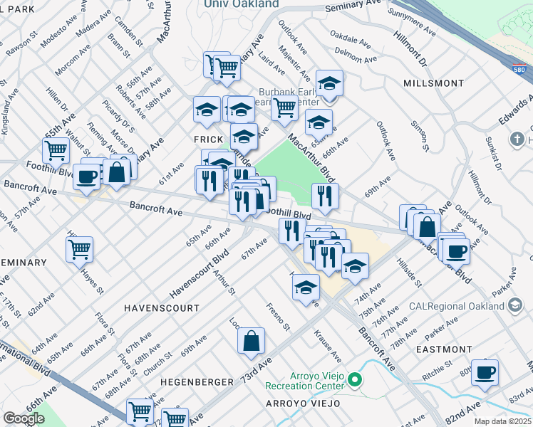 map of restaurants, bars, coffee shops, grocery stores, and more near 6633 Foothill Boulevard in Oakland