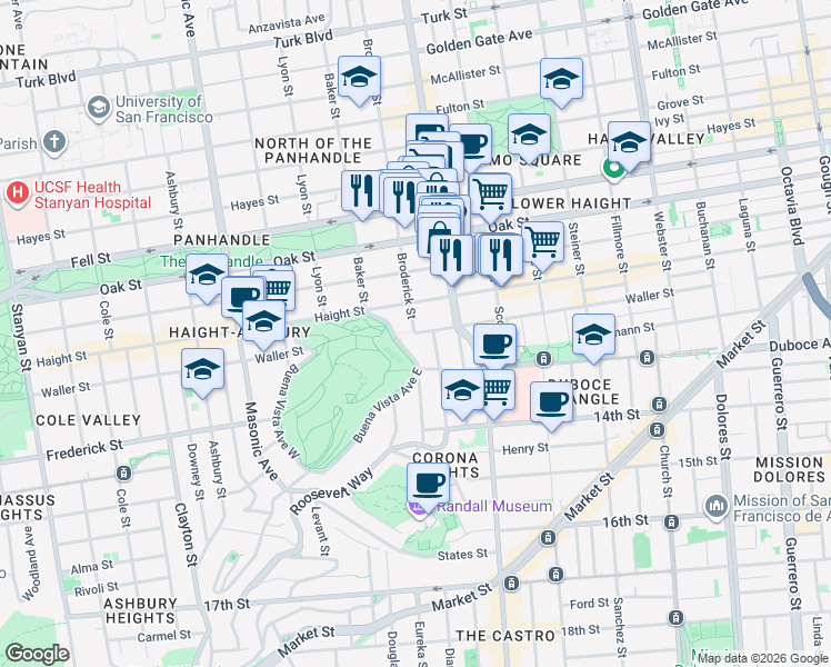 map of restaurants, bars, coffee shops, grocery stores, and more near Waller Street in San Francisco