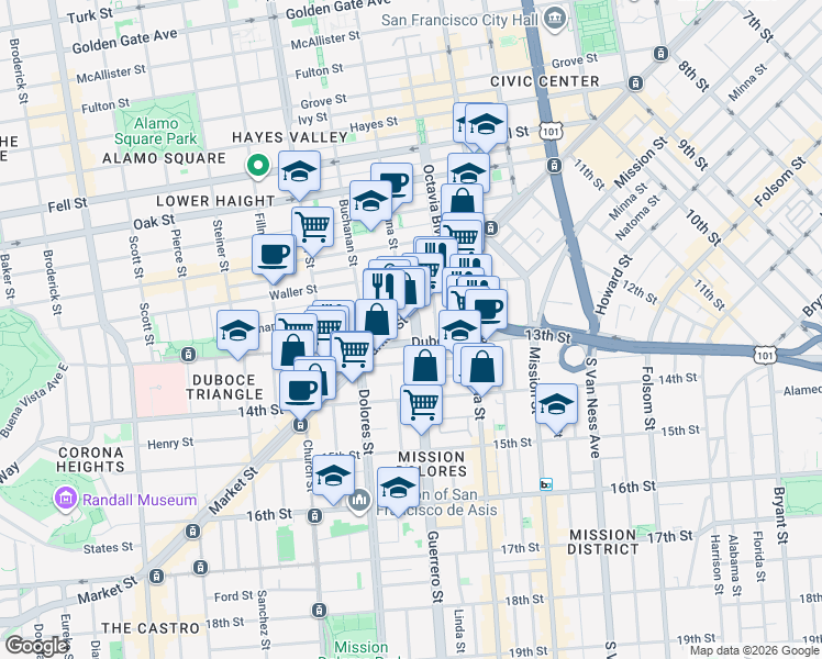 map of restaurants, bars, coffee shops, grocery stores, and more near in San Francisco