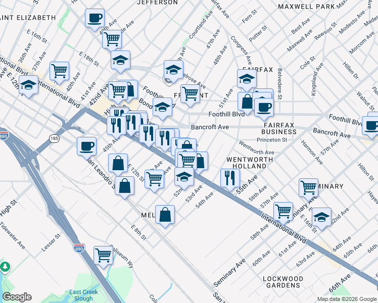 map of restaurants, bars, coffee shops, grocery stores, and more near 1428 50th Avenue in Oakland