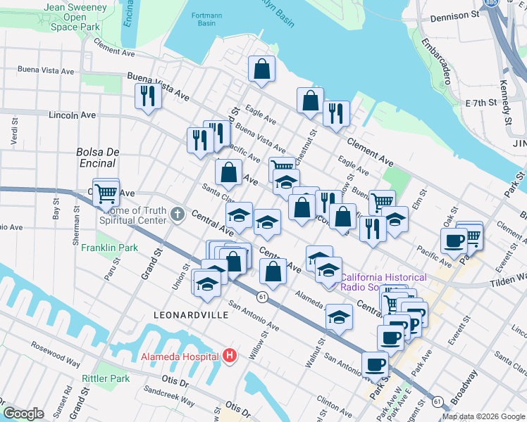 map of restaurants, bars, coffee shops, grocery stores, and more near 1516 Chestnut Street in Alameda