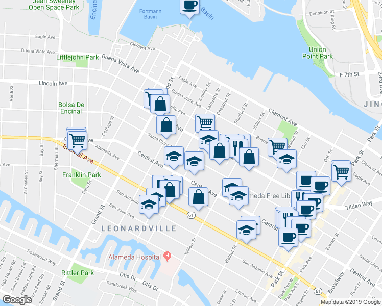 map of restaurants, bars, coffee shops, grocery stores, and more near 1909 Santa Clara Avenue in Alameda