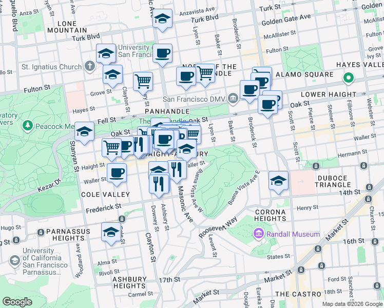 map of restaurants, bars, coffee shops, grocery stores, and more near 91 Central Avenue in San Francisco