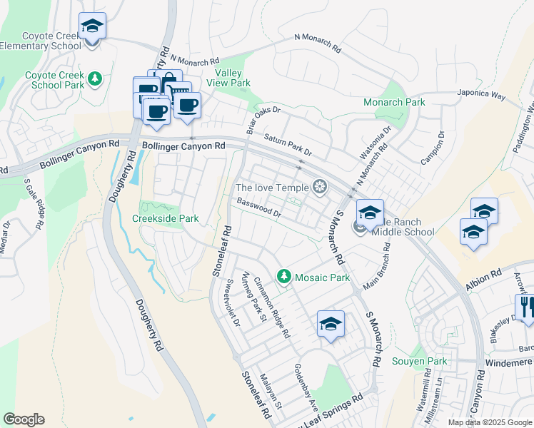 map of restaurants, bars, coffee shops, grocery stores, and more near 2581 Basswood Drive in San Ramon
