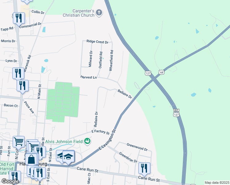 map of restaurants, bars, coffee shops, grocery stores, and more near 521 Bellaire Drive in Harrodsburg
