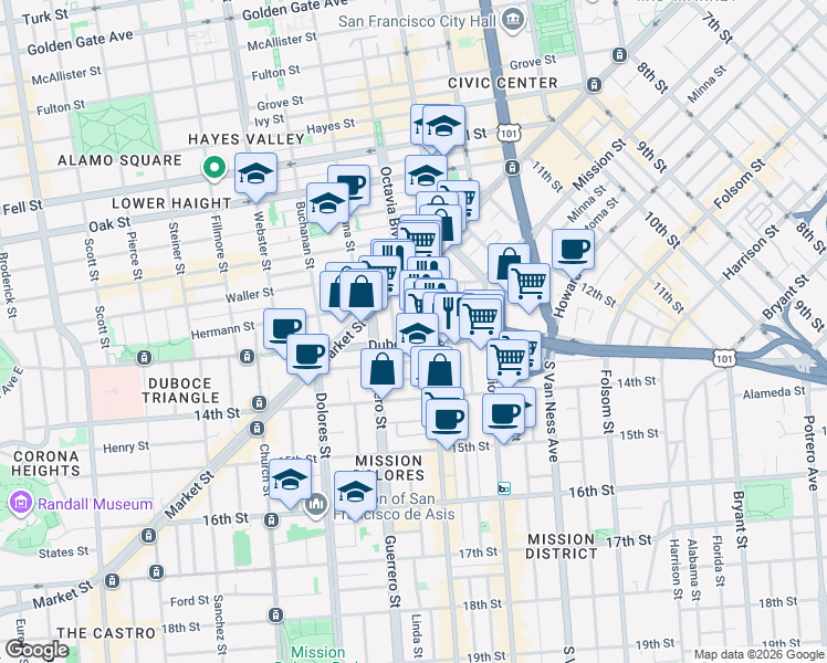 map of restaurants, bars, coffee shops, grocery stores, and more near 89 Elgin Park in San Francisco