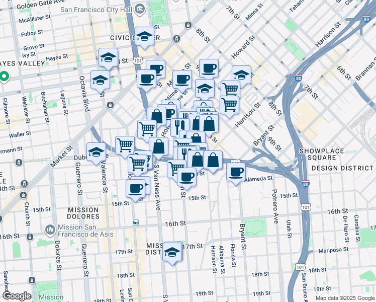 map of restaurants, bars, coffee shops, grocery stores, and more near in San Francisco