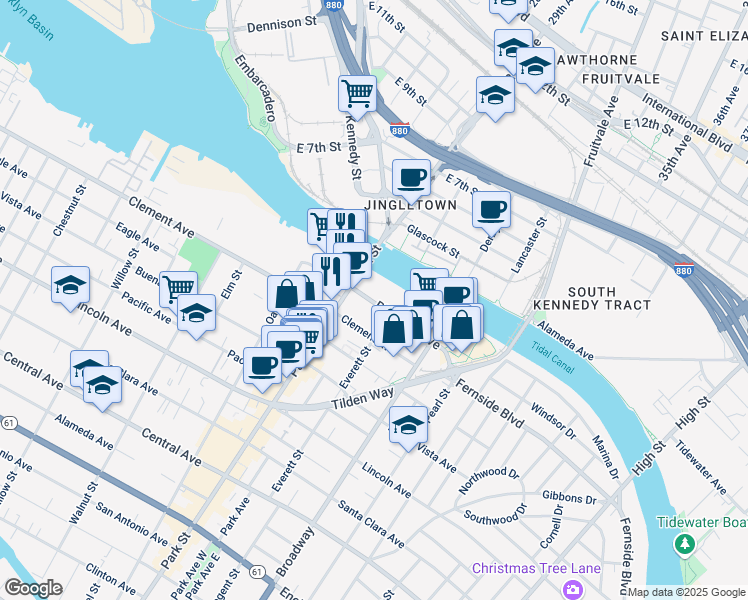 map of restaurants, bars, coffee shops, grocery stores, and more near 2417 Blanding Avenue in Alameda
