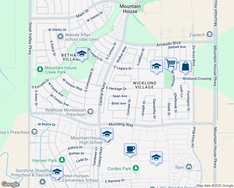map of restaurants, bars, coffee shops, grocery stores, and more near 63 Sean Avenue in Mountain House