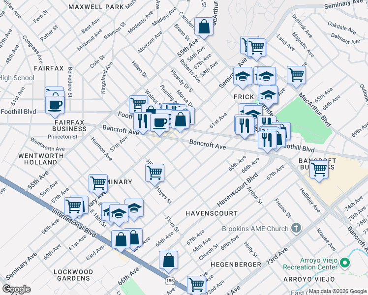 map of restaurants, bars, coffee shops, grocery stores, and more near 2533 61st Avenue in Oakland