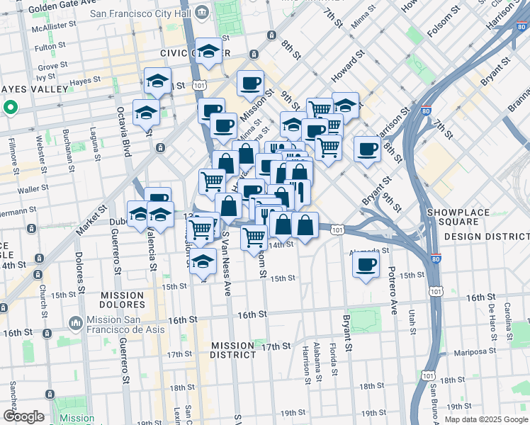 map of restaurants, bars, coffee shops, grocery stores, and more near 1674 Folsom Street in San Francisco