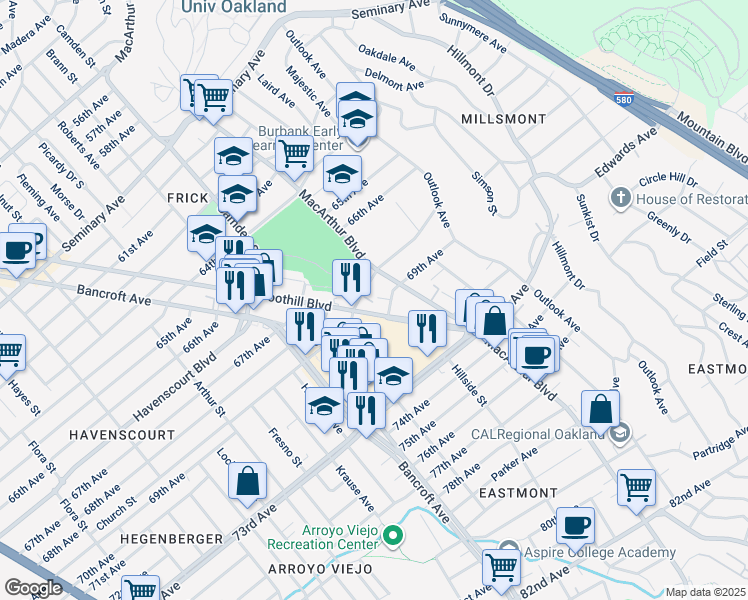 map of restaurants, bars, coffee shops, grocery stores, and more near 2928 68th Avenue in Oakland