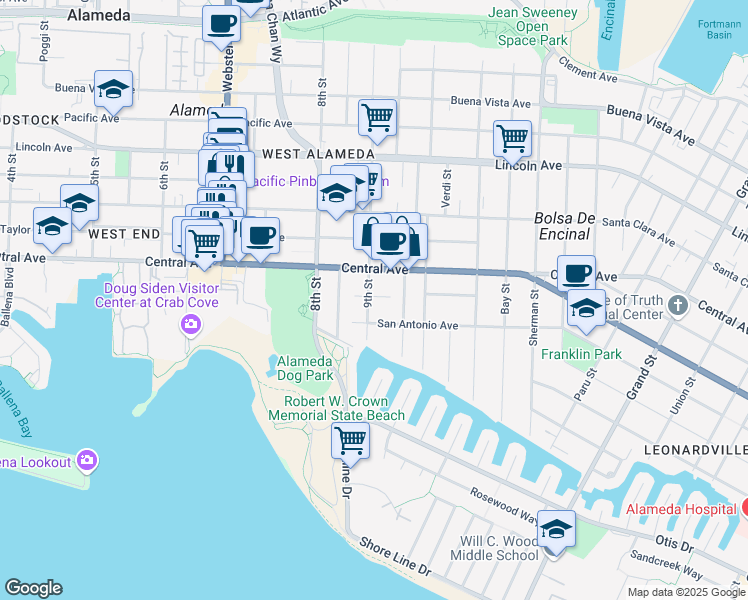 map of restaurants, bars, coffee shops, grocery stores, and more near 1220 9th Street in Alameda