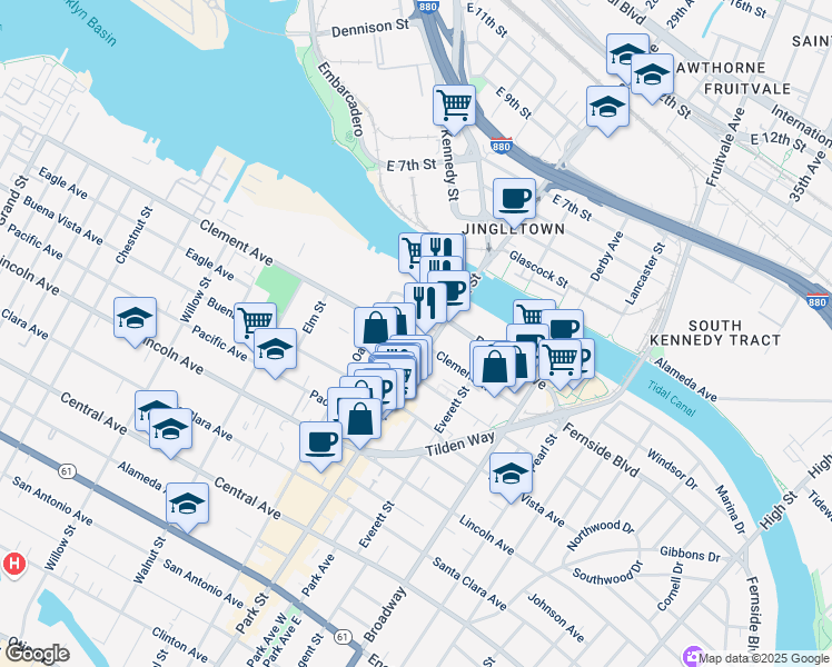 map of restaurants, bars, coffee shops, grocery stores, and more near 1909 Park Street in Alameda