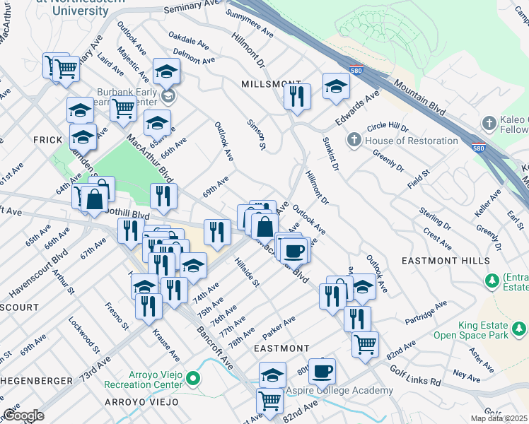 map of restaurants, bars, coffee shops, grocery stores, and more near 3340 72nd Avenue in Oakland