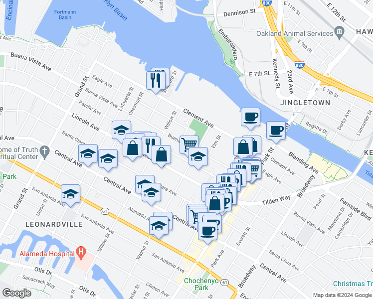 map of restaurants, bars, coffee shops, grocery stores, and more near 2145 Pacific Avenue in Alameda